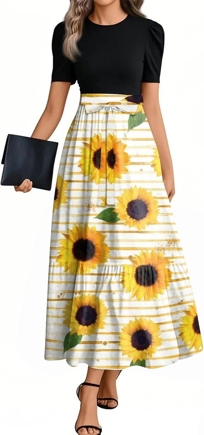 Summer Dresses for Women 2025 Floral Print Wrap Short Sleeve Maxi Dress Patchwork Ruffle Hem A Line Dress Elegant Sundress