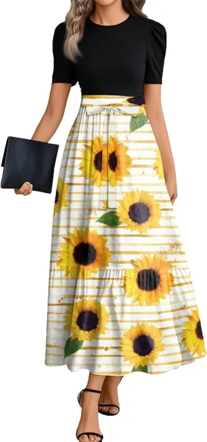 Summer Dresses for Women 2025 Floral Print Wrap Short Sleeve Maxi Dress Patchwork Ruffle Hem A Line Dress Elegant Sundress