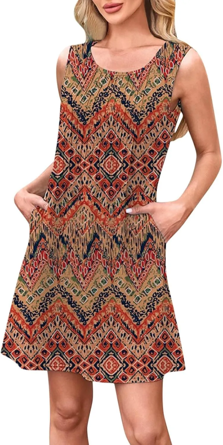 Summer Dresses for Women 2025 Loose Casual Crew Neck Sleeveless Sun Dresses with Pockets Beach Vacation Clothes