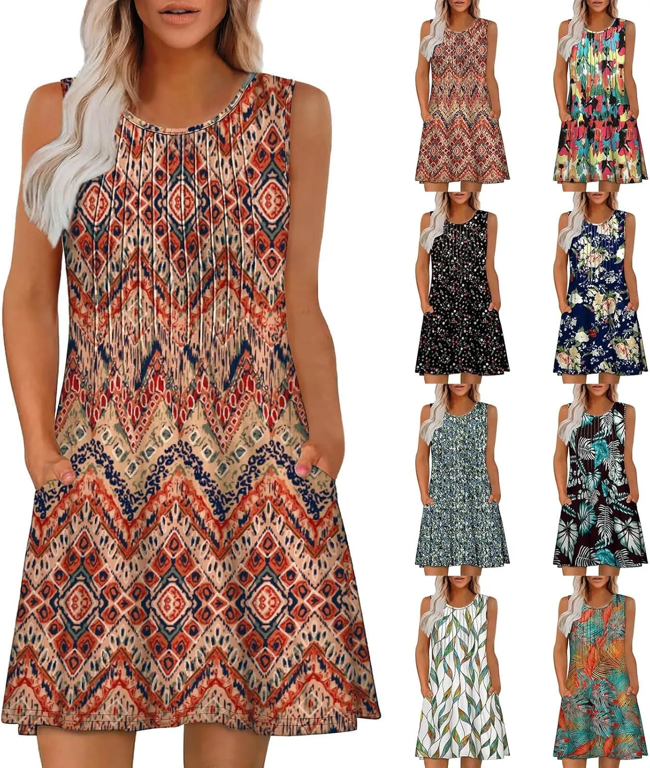 Summer Dresses for Women 2025 Loose Casual Crew Neck Sleeveless Sun Dresses with Pockets Beach Vacation Clothes