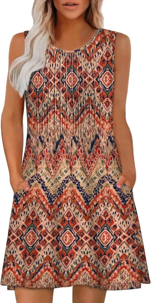 Summer Dresses for Women 2025 Loose Casual Crew Neck Sleeveless Sun Dresses with Pockets Beach Vacation Clothes