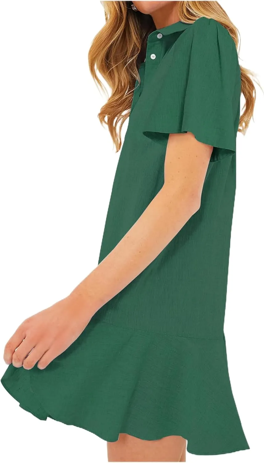 Summer Dresses for Women 2025 Loose Fit Dress Short Sleeve Collared Button Down Mini Dress Ruffle Hem Dresses
