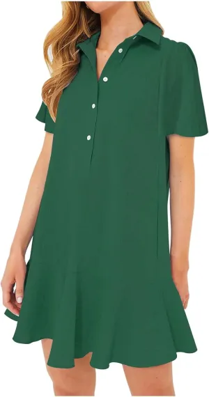 Summer Dresses for Women 2025 Loose Fit Dress Short Sleeve Collared Button Down Mini Dress Ruffle Hem Dresses