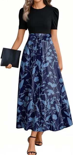 Summer Dresses for Women 2025- Maxi Boho Long Floral Print Patchwork Ruffle Dresses Fashion Short Sleeve A Line Dress
