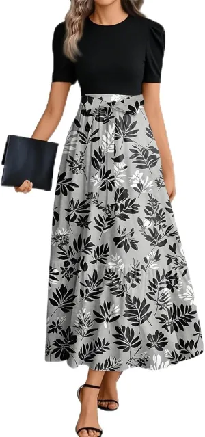 Summer Dresses for Women 2025- Maxi Boho Long Floral Print Patchwork Ruffle Dresses Fashion Short Sleeve A Line Dress