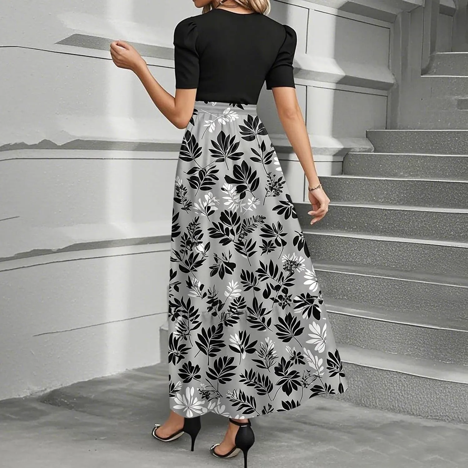 Summer Dresses for Women 2025- Maxi Boho Long Floral Print Patchwork Ruffle Dresses Fashion Short Sleeve A Line Dress