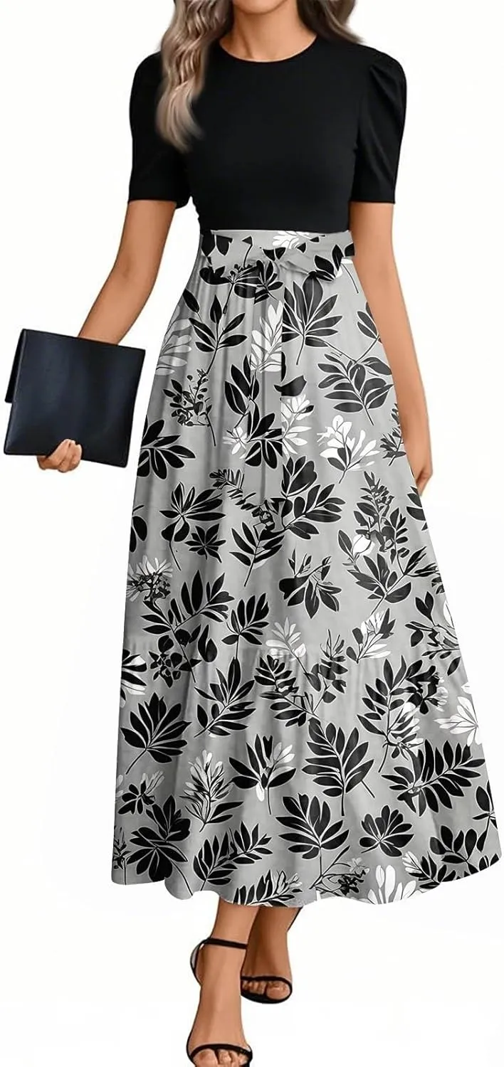 Summer Dresses for Women 2025- Maxi Boho Long Floral Print Patchwork Ruffle Dresses Fashion Short Sleeve A Line Dress