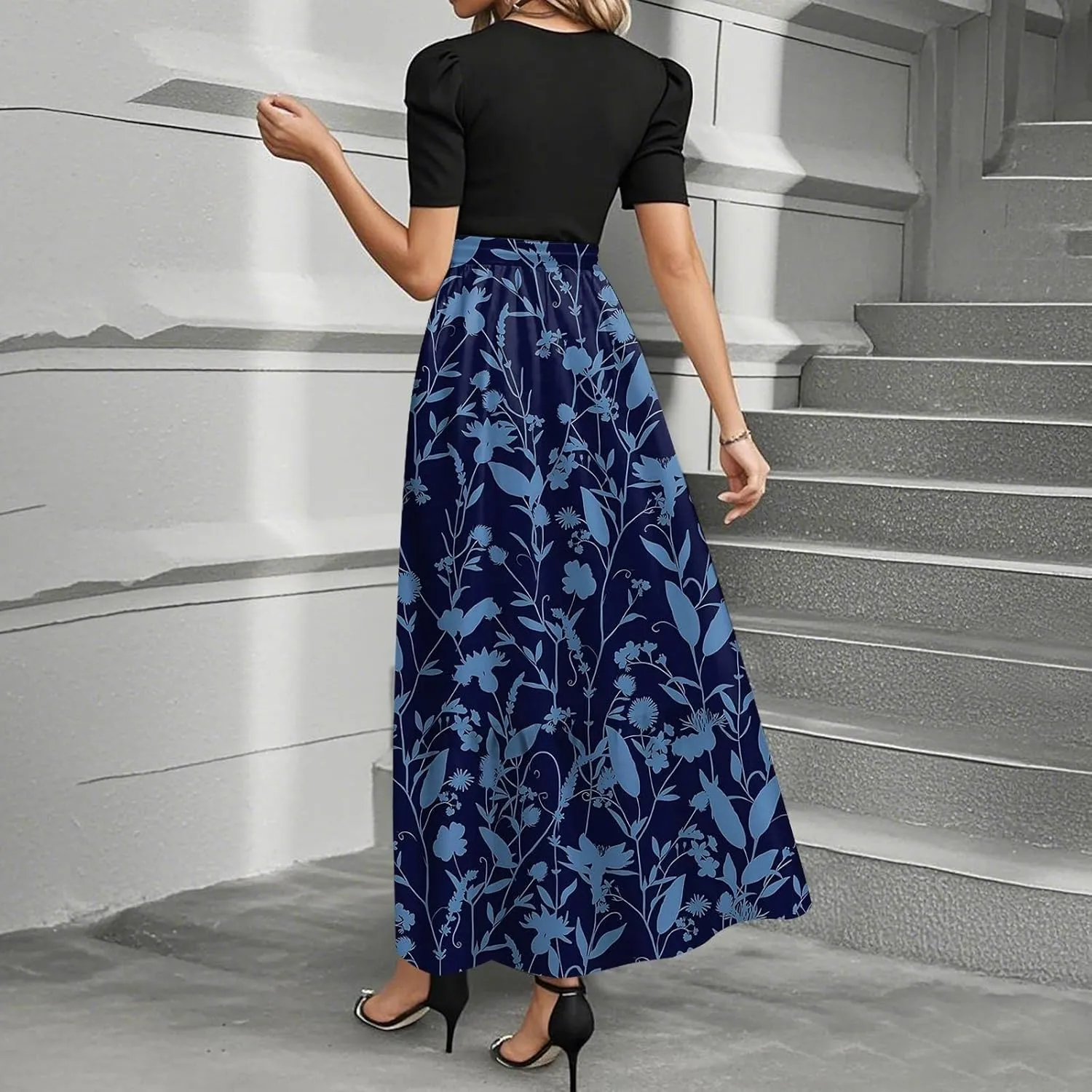 Summer Dresses for Women 2025- Maxi Boho Long Floral Print Patchwork Ruffle Dresses Fashion Short Sleeve A Line Dress