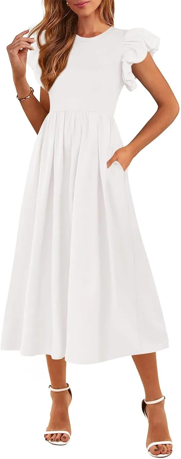 Summer Dresses for Women 2025 Puff Sleeve High Waist Crewneck Ruffle Maxi Dress Swing Flowy Dresses Sundress