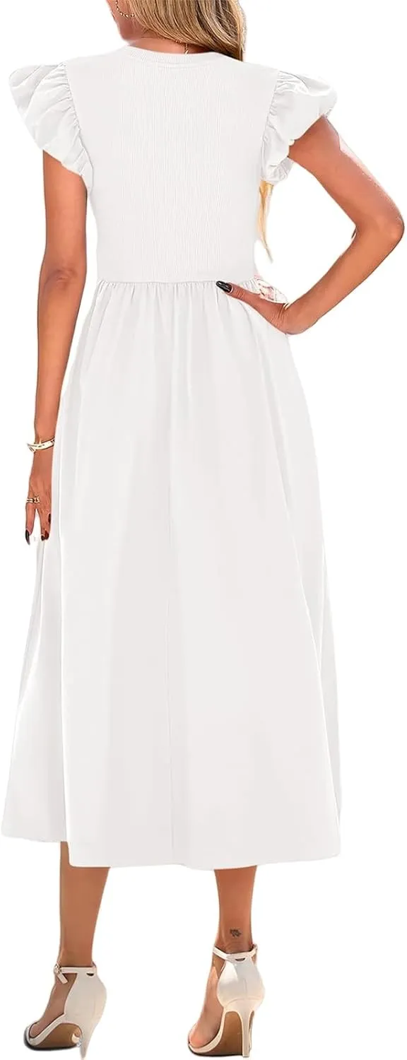 Summer Dresses for Women 2025 Puff Sleeve High Waist Crewneck Ruffle Maxi Dress Swing Flowy Dresses Sundress