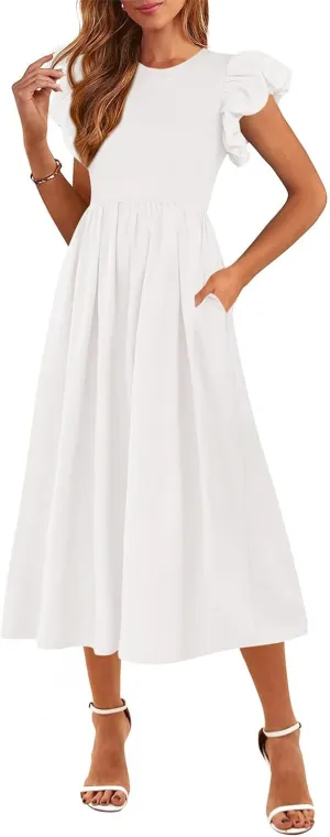 Summer Dresses for Women 2025 Puff Sleeve High Waist Crewneck Ruffle Maxi Dress Swing Flowy Dresses Sundress
