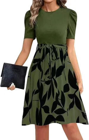 Summer Dresses for Women 2025 Short Sleeve Floral Print Waist Tie Round Neck Boho Dress