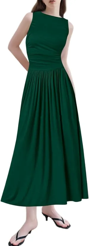 Summer Dresses for Women 2025 Womens Sleeveless Solid Color Casual Dress Trendy Fitted Waist Summer Midi Dress