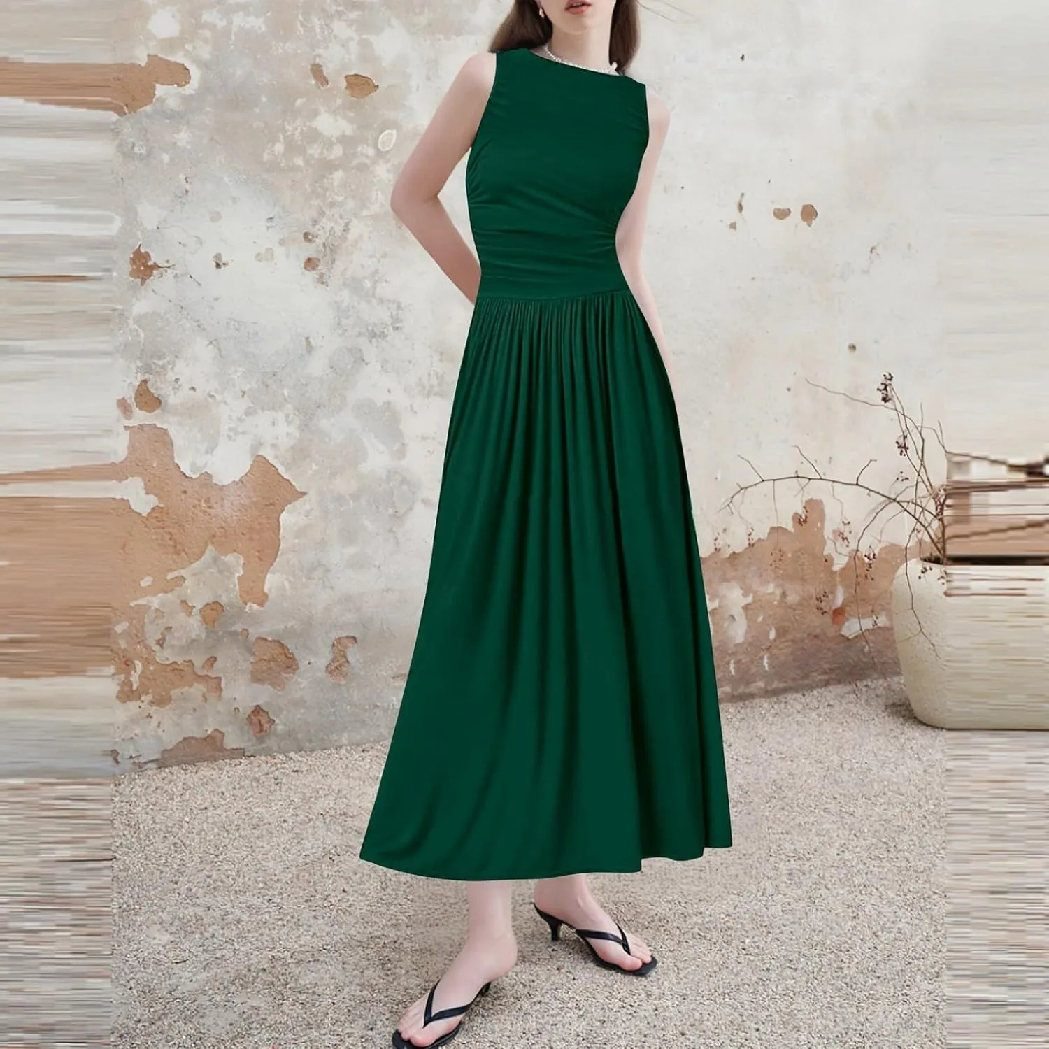 Summer Dresses for Women 2025 Womens Sleeveless Solid Color Casual Dress Trendy Fitted Waist Summer Midi Dress