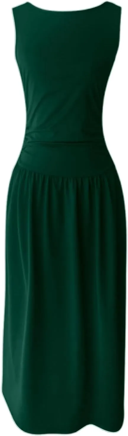 Summer Dresses for Women 2025 Womens Sleeveless Solid Color Casual Dress Trendy Fitted Waist Summer Midi Dress