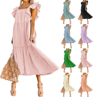 Summer Dresses for Women Casual Ruffle Cap Sleeve Maxi Dress Aline Flowy Tiered Baby Doll Dress Long Beach Sundress
