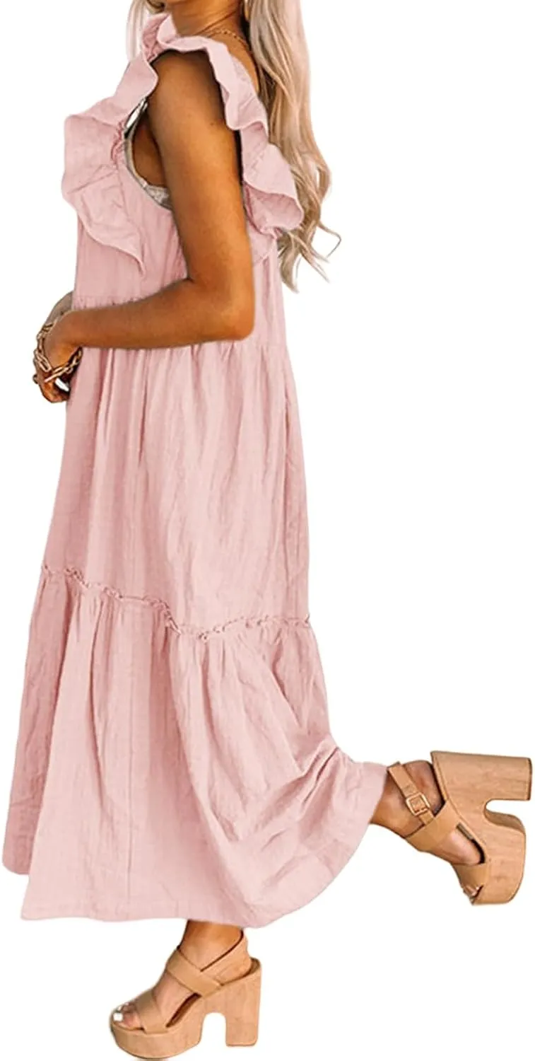 Summer Dresses for Women Casual Ruffle Cap Sleeve Maxi Dress Aline Flowy Tiered Baby Doll Dress Long Beach Sundress