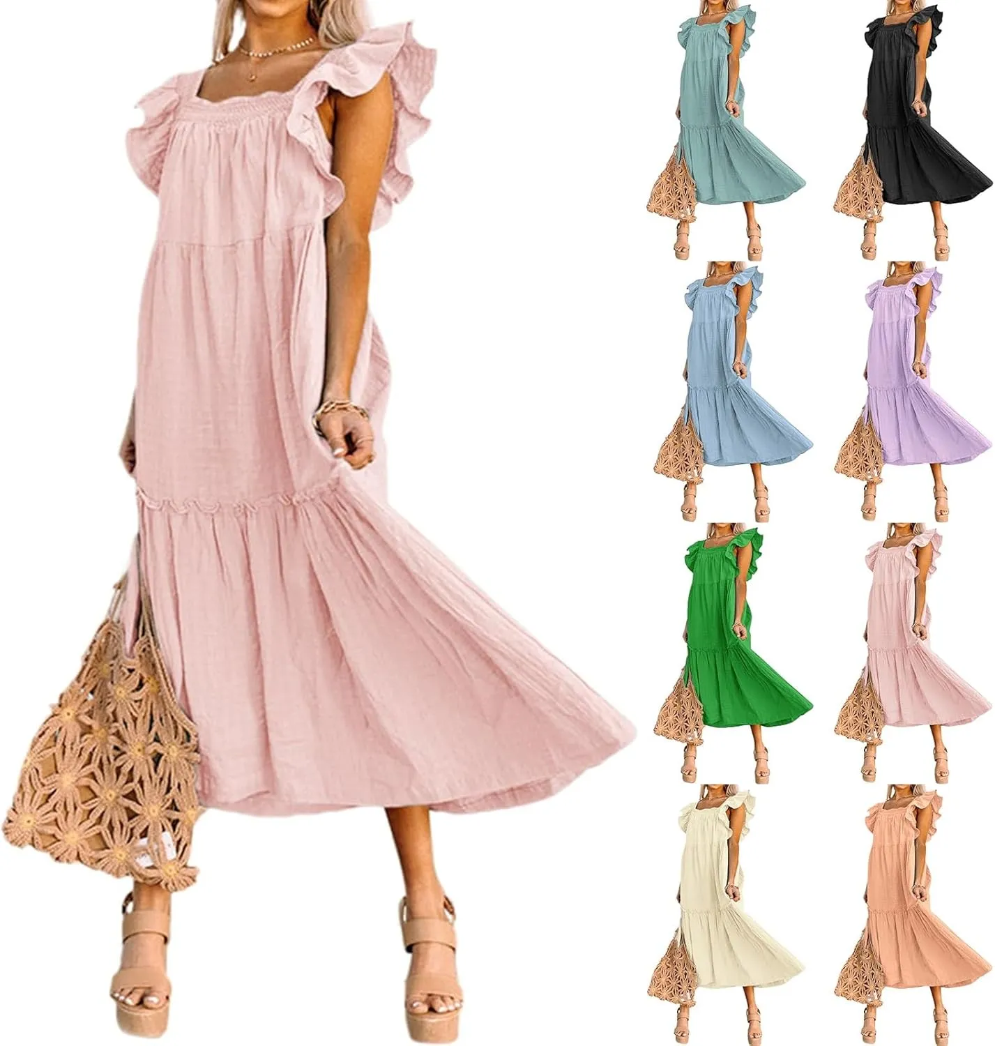 Summer Dresses for Women Casual Ruffle Cap Sleeve Maxi Dress Aline Flowy Tiered Baby Doll Dress Long Beach Sundress