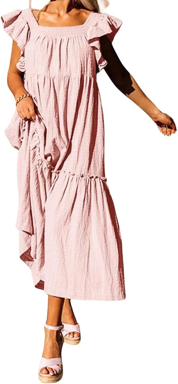 Summer Dresses for Women Casual Ruffle Cap Sleeve Maxi Dress Aline Flowy Tiered Baby Doll Dress Long Beach Sundress