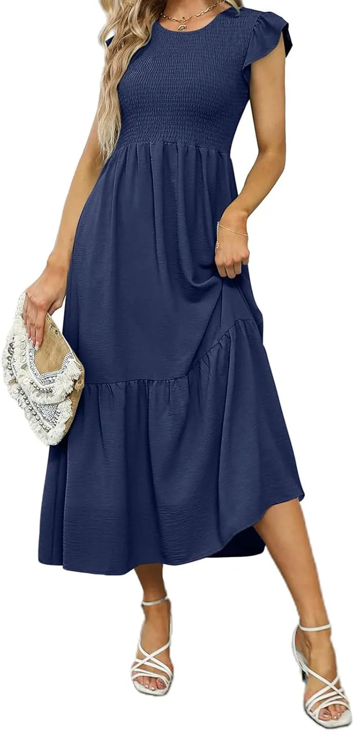 Summer Dresses for Women Ruffle Cap Sleeve Midi Sundress Casual Tiered A-Line Dress Sexy Beach Halter Flowy Dresses