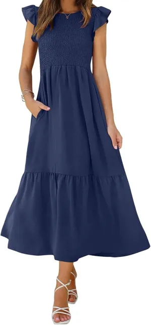 Summer Dresses for Women Ruffle Cap Sleeve Midi Sundress Casual Tiered A-Line Dress Sexy Beach Halter Flowy Dresses