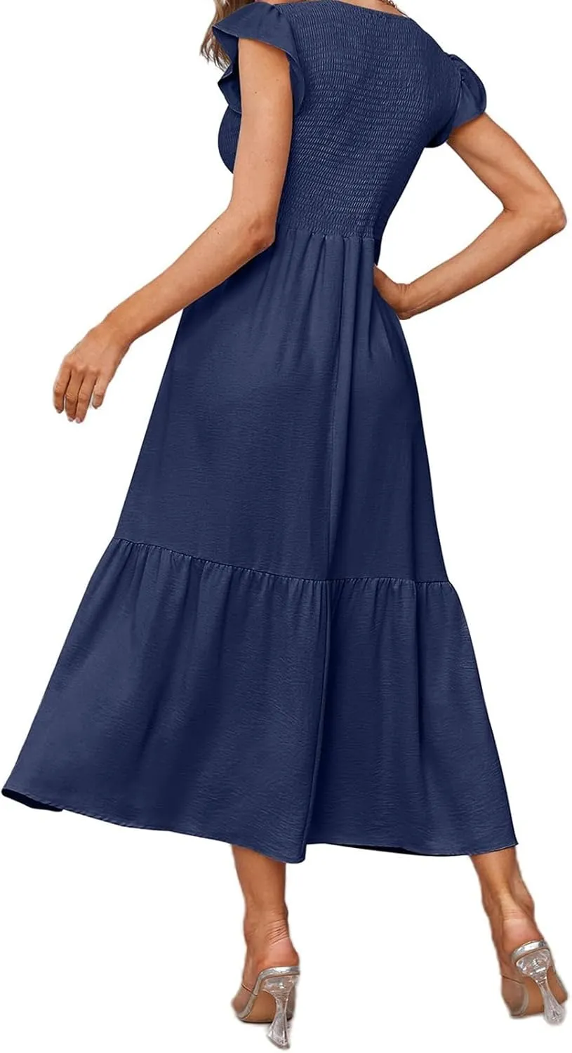 Summer Dresses for Women Ruffle Cap Sleeve Midi Sundress Casual Tiered A-Line Dress Sexy Beach Halter Flowy Dresses