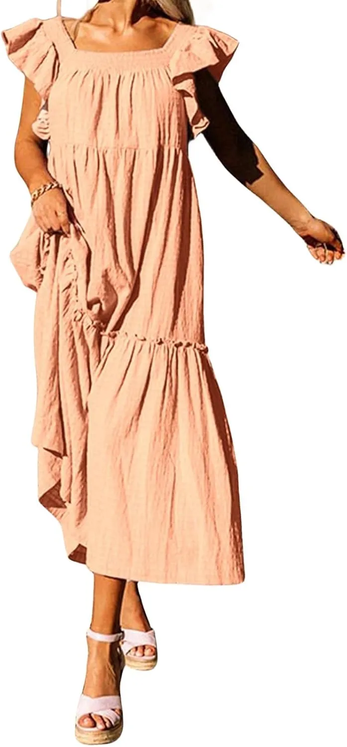 Summer Dresses for Women Square Neck Ruffle Sleeve Maxi Dress Ruffle Floral Fairy Tiered Swing Dresses Sundress 2025