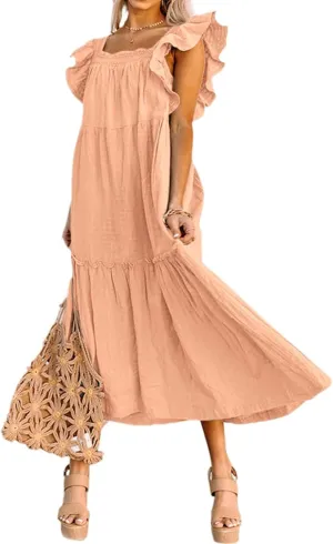 Summer Dresses for Women Square Neck Ruffle Sleeve Maxi Dress Ruffle Floral Fairy Tiered Swing Dresses Sundress 2025