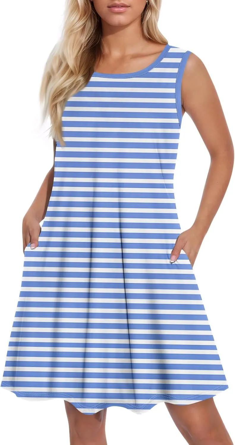 Summer Dresses for Women Sundress Beach Dress Sleeveless Mini Tank Dress Patterned Hawaiian Vest Dresses with Pocket