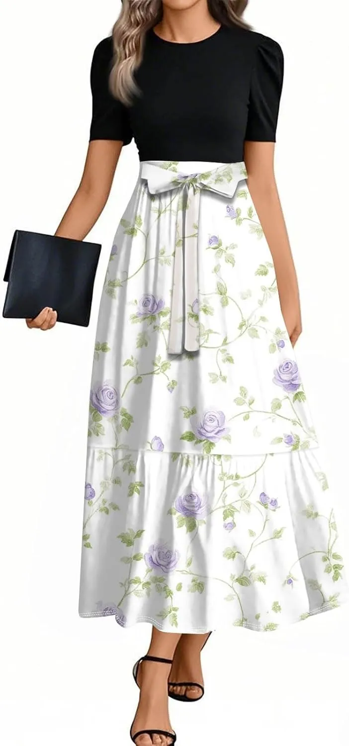 Summer Dresses for Women- Women's Casual Short Sleeve Ruffle Hem Dress Round Neck High Waist A Line Midi Dresses