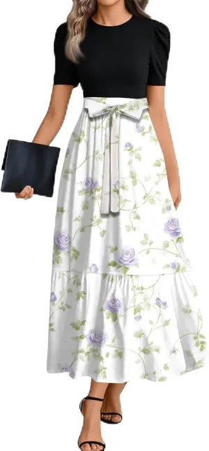 Summer Dresses for Women- Women's Casual Short Sleeve Ruffle Hem Dress Round Neck High Waist A Line Midi Dresses