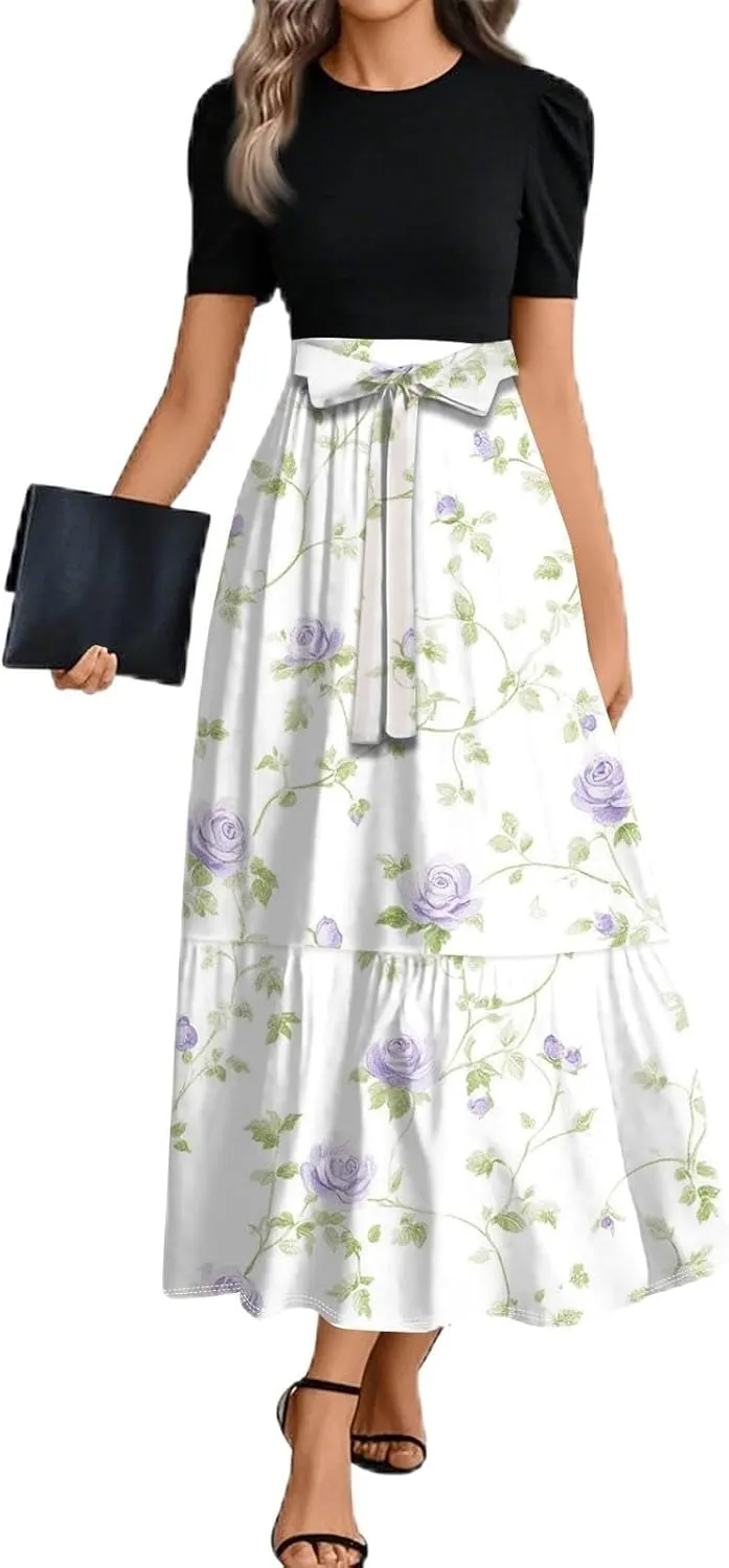 Summer Dresses for Women- Women's Casual Short Sleeve Ruffle Hem Dress Round Neck High Waist A Line Midi Dresses