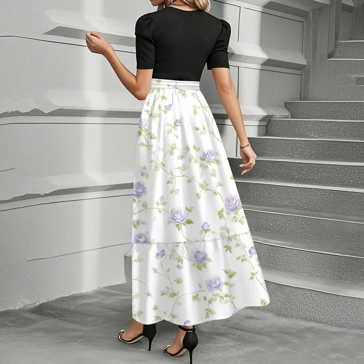 Summer Dresses for Women- Women's Casual Short Sleeve Ruffle Hem Dress Round Neck High Waist A Line Midi Dresses