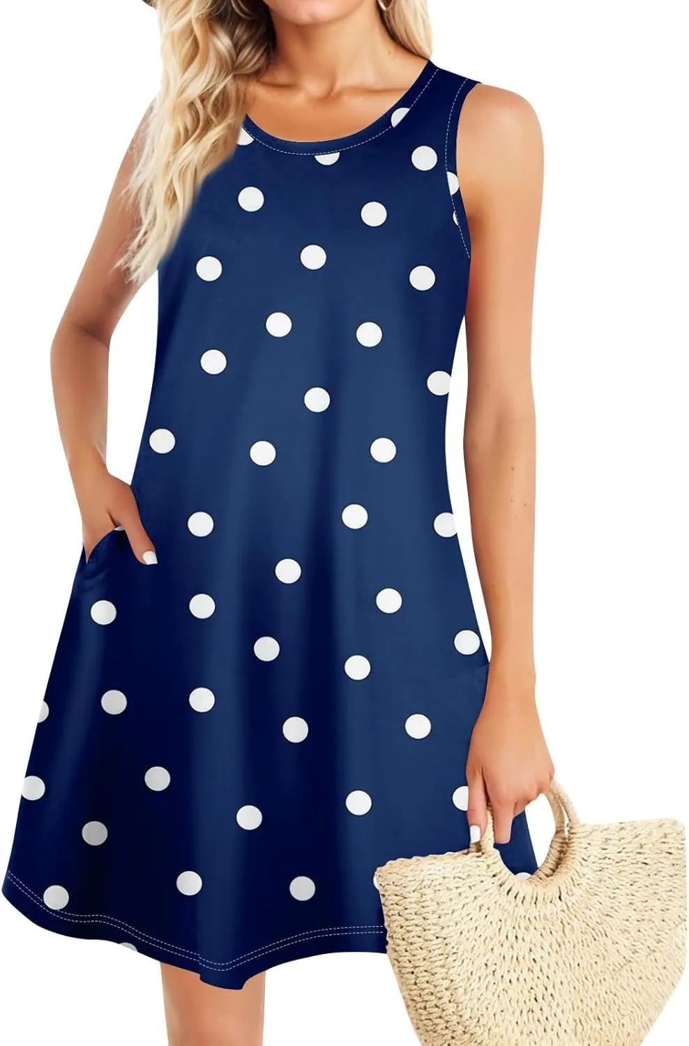 Summer Dresses Sundress Flowy Dresses Sleeveless Tank Dress Polka Dots Cover Up Spring Vest Dress Trendy with Pocket