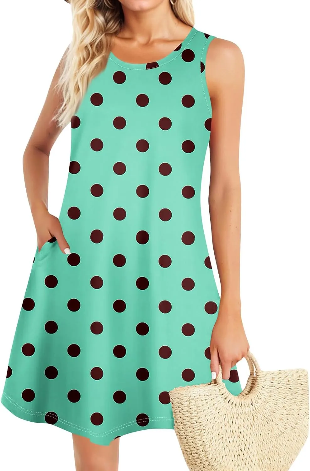 Summer Dresses Sundress Flowy Dresses Sleeveless Tank Dress Polka Dots Cover Up Spring Vest Dress Trendy with Pocket