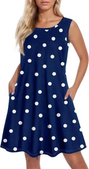 Summer Dresses Sundress Flowy Dresses Sleeveless Tank Dress Polka Dots Cover Up Spring Vest Dress Trendy with Pocket