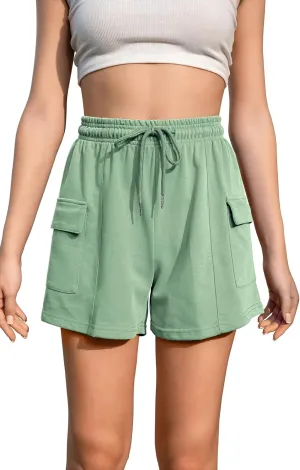 Summer High Waisted Cargo Shorts with Pockets Cotton Drawstring Casual Shorts Women