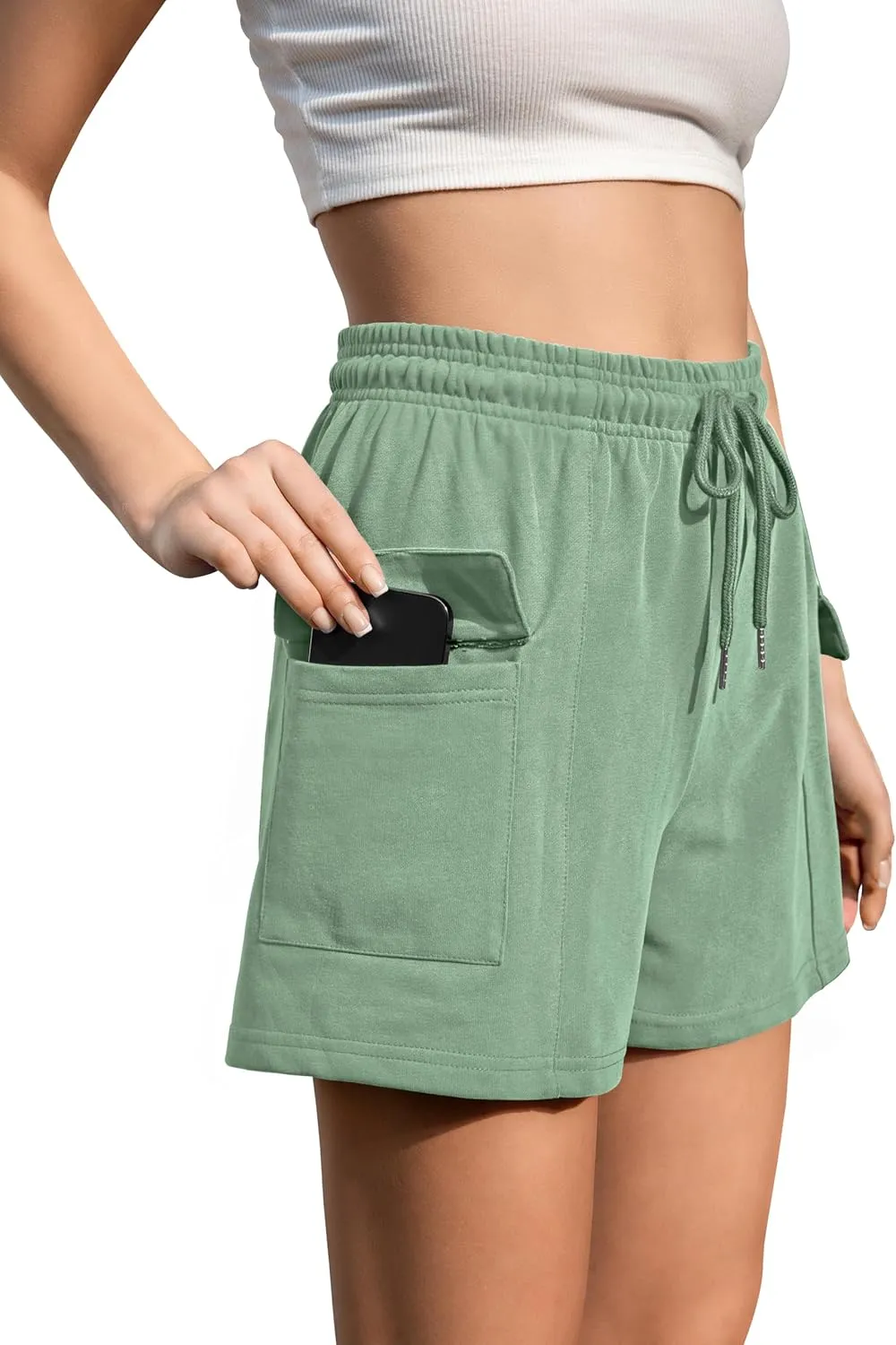 Summer High Waisted Cargo Shorts with Pockets Cotton Drawstring Casual Shorts Women