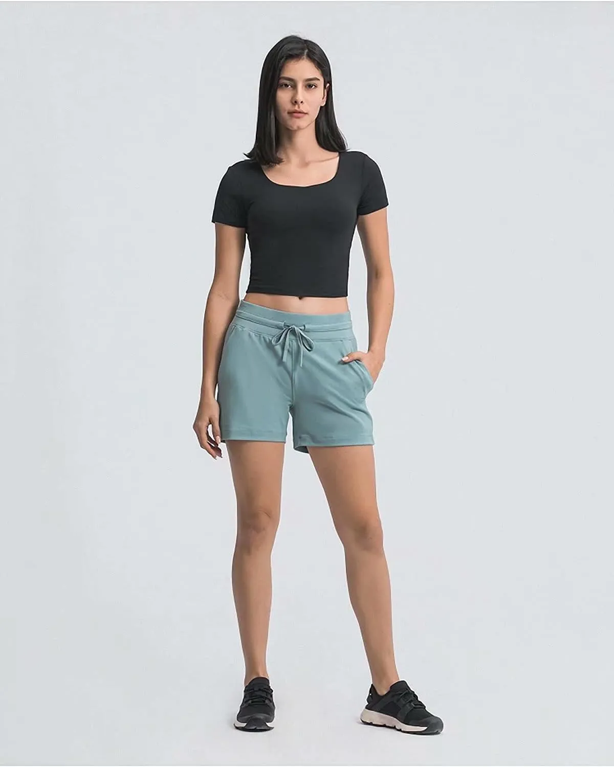 Summer Quick-Dry Drawstring Waist Running Shorts Women Sports Workout Shorts Gym Athletic Shorts with Pockets