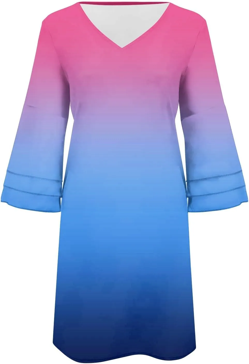 Summer Spring Dress Womens V Neck Cute Shift Dress Bell Sleeve Ruffle Hem Loose Swing Summer Boho Tunic Mini Dress