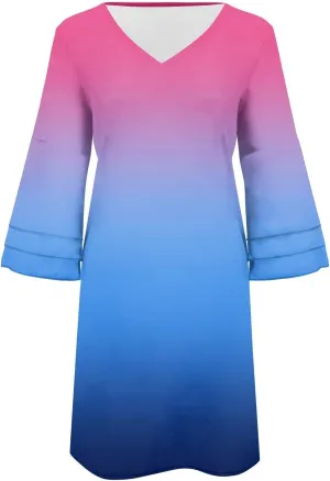 Summer Spring Dress Womens V Neck Cute Shift Dress Bell Sleeve Ruffle Hem Loose Swing Summer Boho Tunic Mini Dress