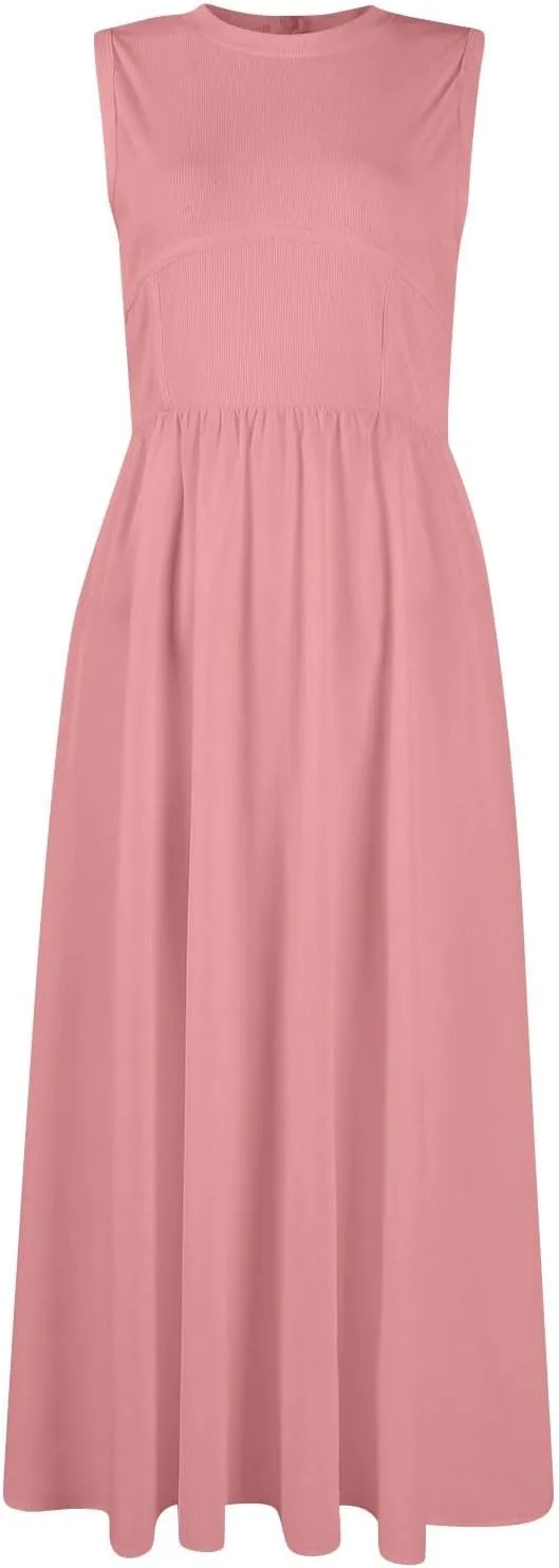 Summer Sundresses for Women Sundresses Ruched Knee Length Dress Tank Dress Sleeveless Casual Wrap Dresses with Pockets