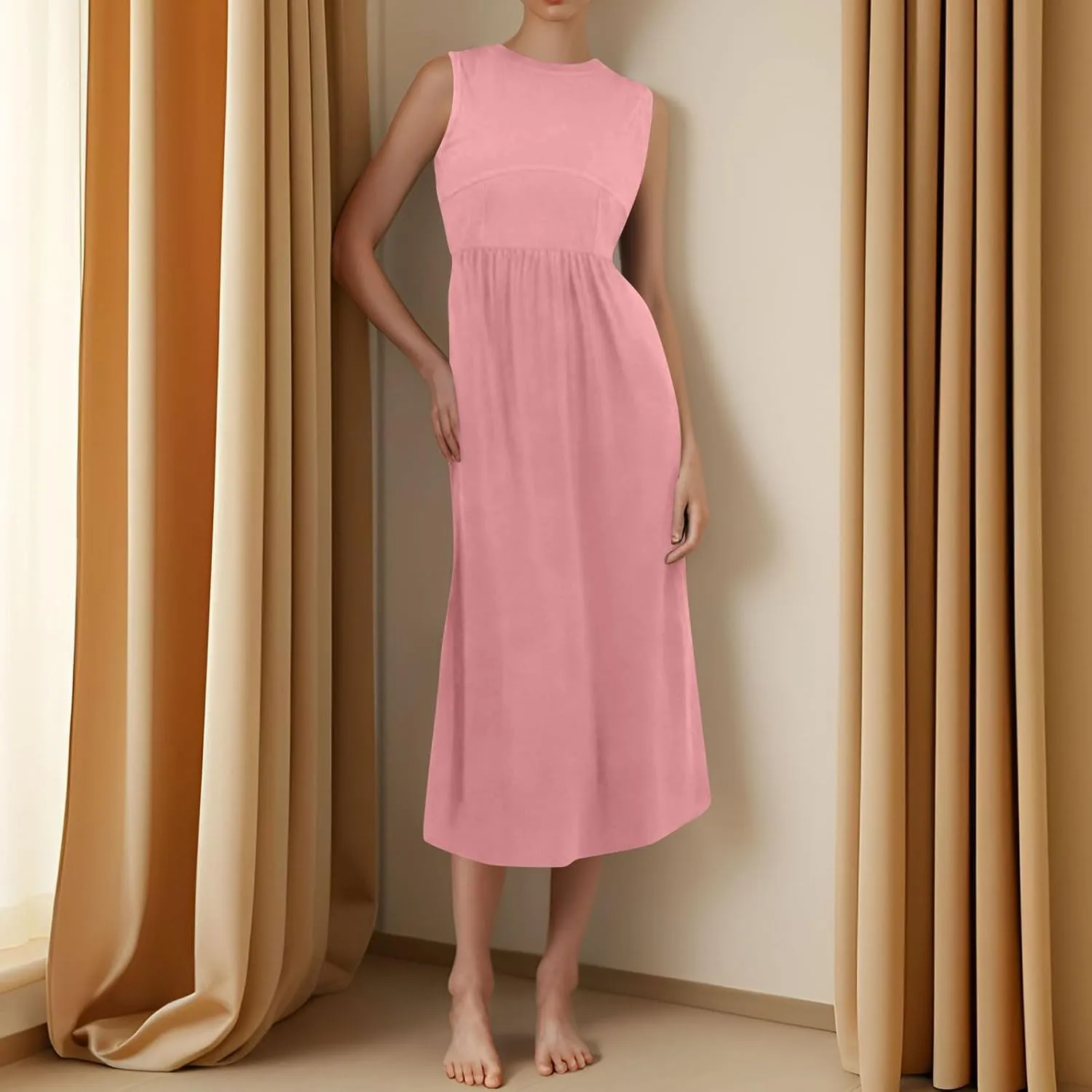 Summer Sundresses for Women Sundresses Ruched Knee Length Dress Tank Dress Sleeveless Casual Wrap Dresses with Pockets