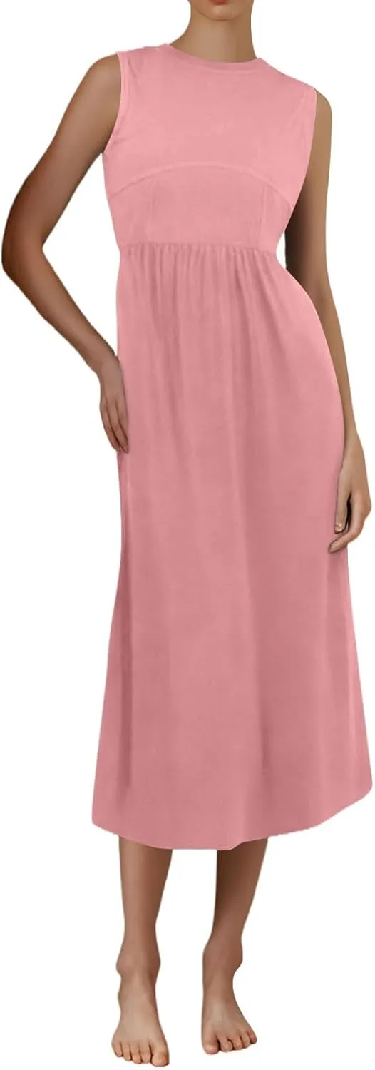 Summer Sundresses for Women Sundresses Ruched Knee Length Dress Tank Dress Sleeveless Casual Wrap Dresses with Pockets