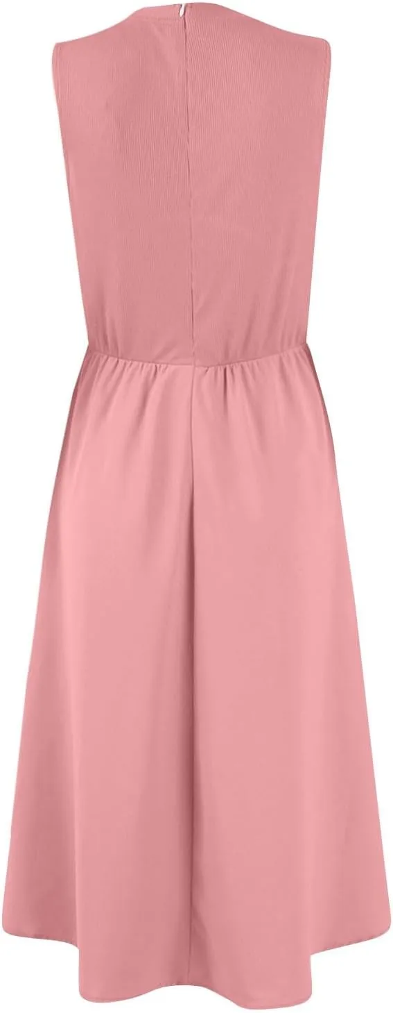 Summer Sundresses for Women Sundresses Ruched Knee Length Dress Tank Dress Sleeveless Casual Wrap Dresses with Pockets