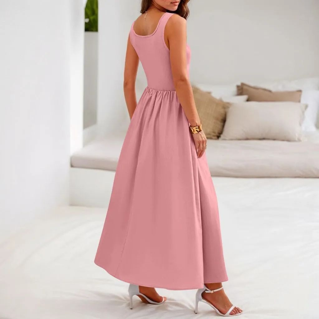 Summer Sundresses for Women Sundresses Ruched Knee Length Dress Tank Dress Sleeveless Casual Wrap Dresses with Pockets
