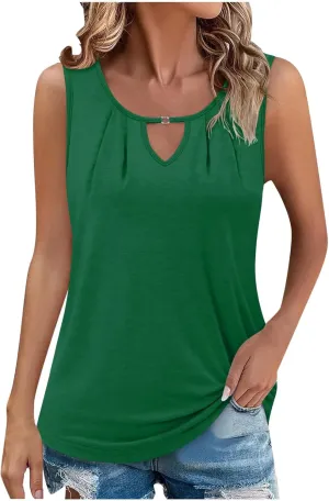 Summer Tank Tops for Women 2025 Vacation Trendy Solid V Neck Pleated Casual Sleeveless Shirt Fashion Summer Tank Top
