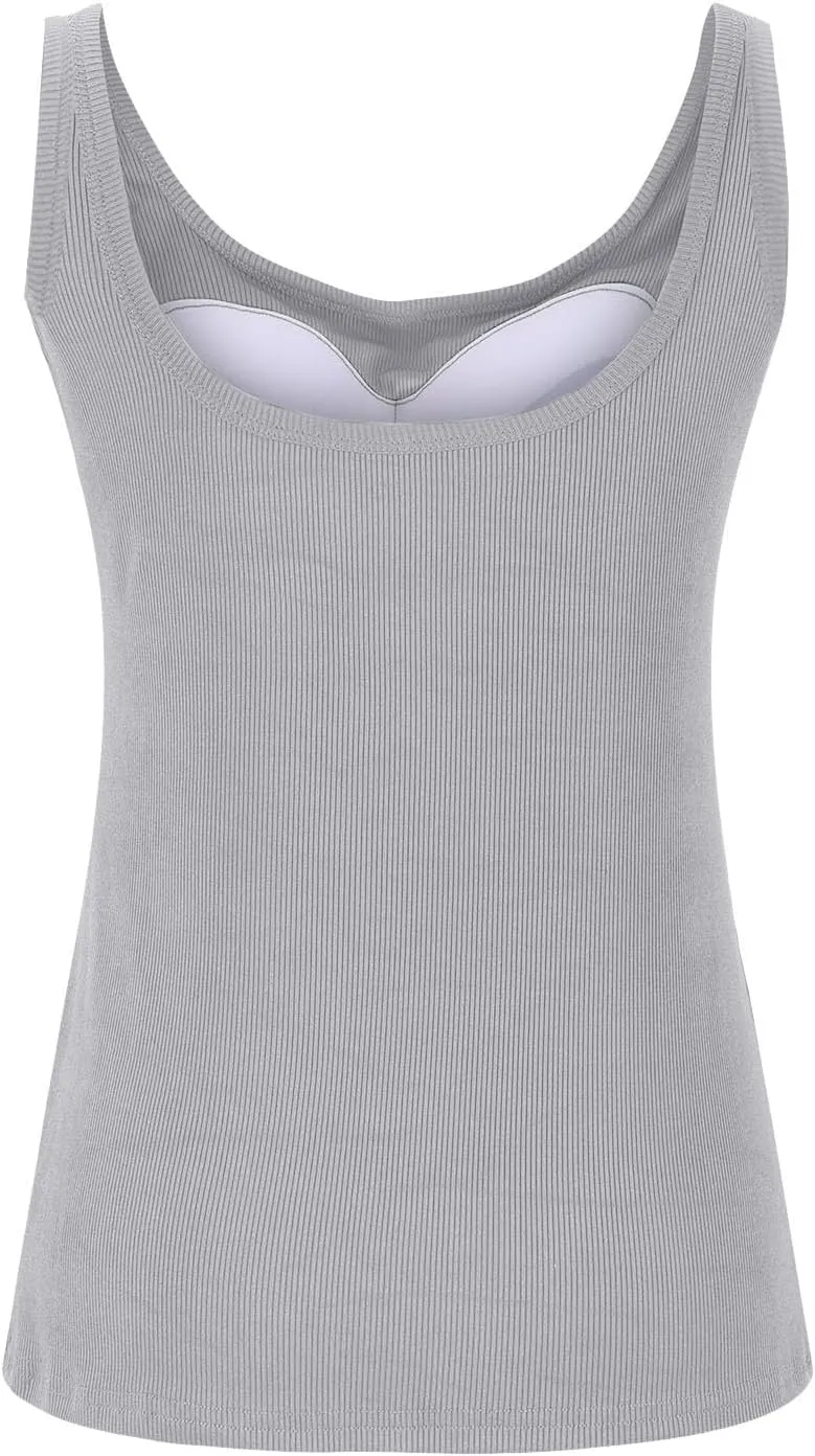 Summer Tank Tops for Women Built in Bra Trendy Sleeveless U Neck Padded Shirts Solid Sexy Knitted Vacation Camisole