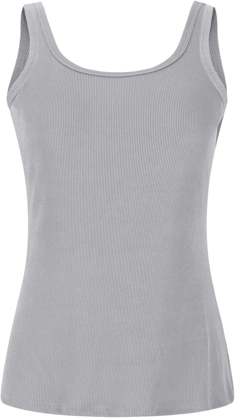 Summer Tank Tops for Women Built in Bra Trendy Sleeveless U Neck Padded Shirts Solid Sexy Knitted Vacation Camisole