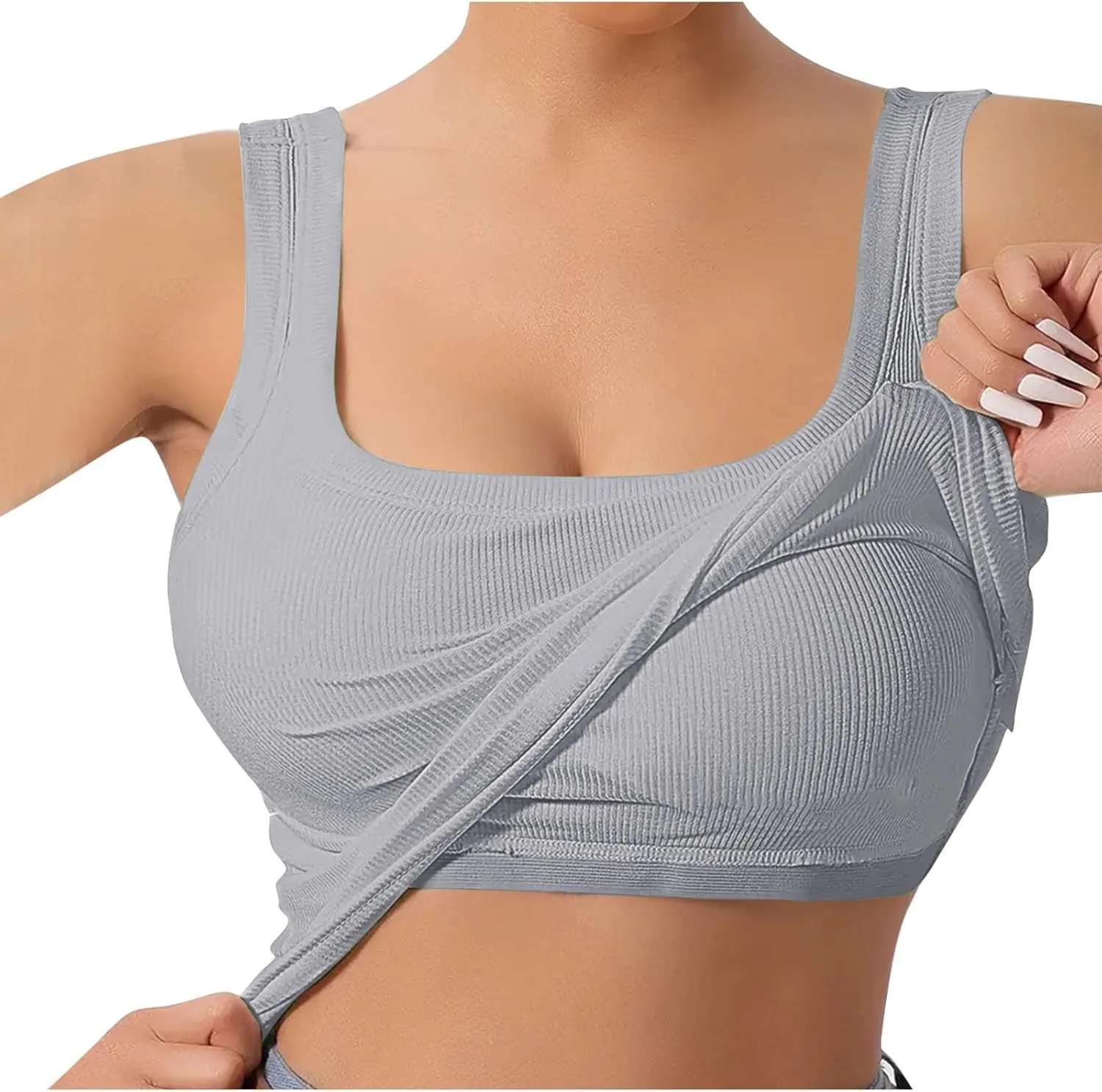 Summer Tank Tops for Women Built in Bra Trendy Sleeveless U Neck Padded Shirts Solid Sexy Knitted Vacation Camisole